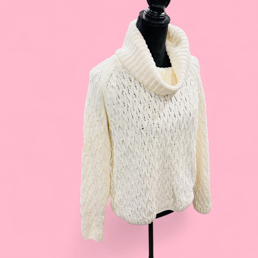 Chenille Chunky Knit Cowl Turtle Neck Cream Sweater Envelop Me Alexis Taylor MED